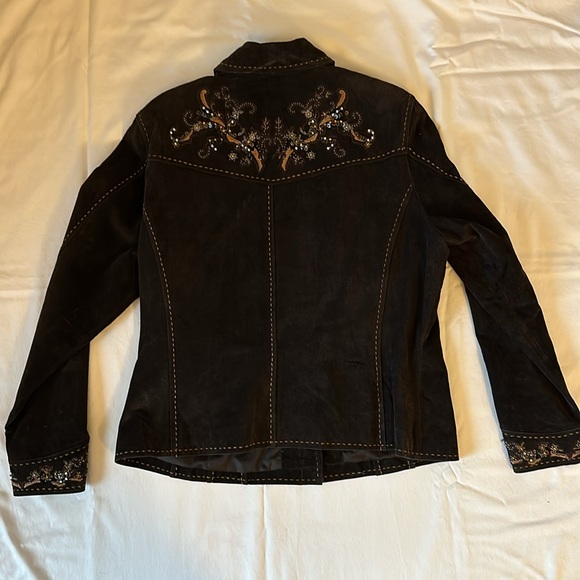 Coldwater Creek Leather Suede Blazer Jacket Large Dark Brown Embellished Western - Picture 5 of 11